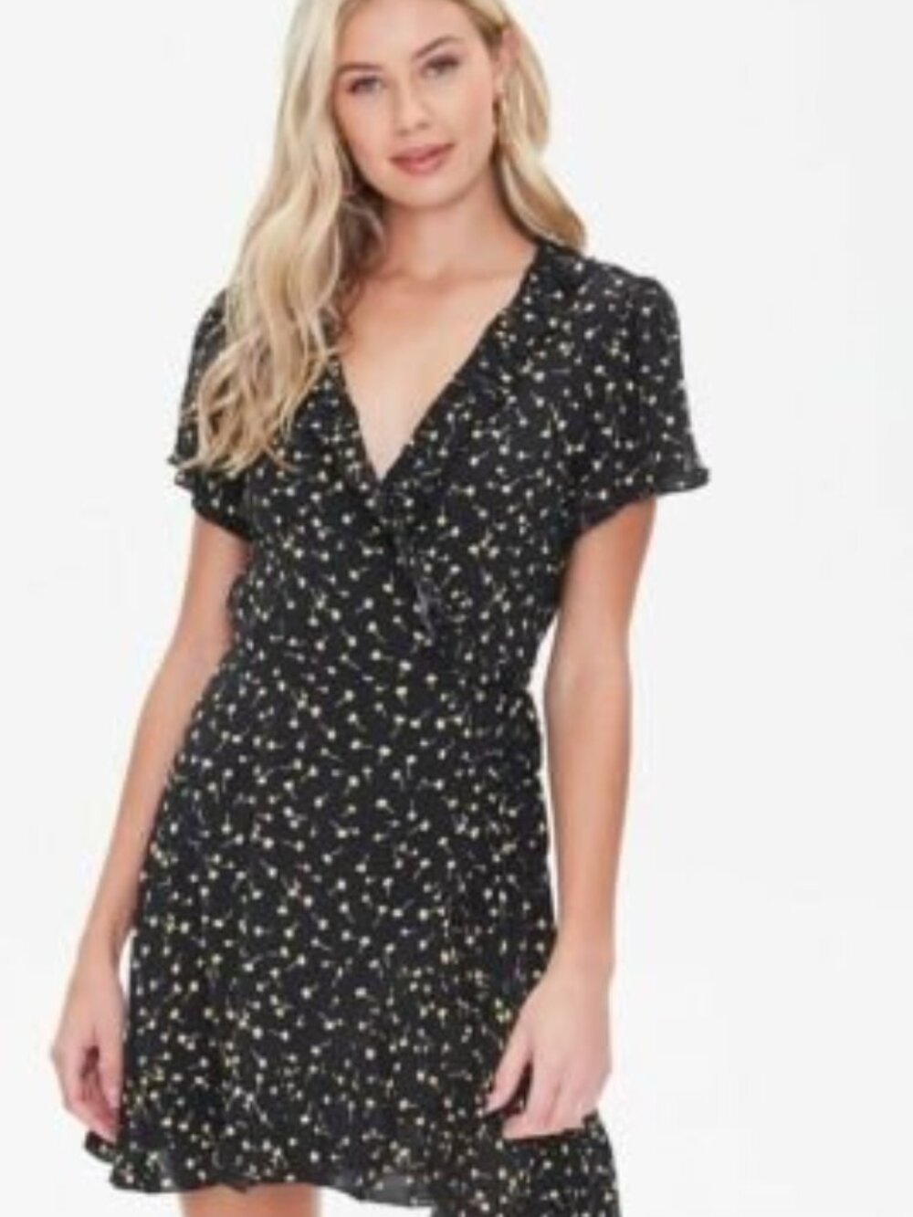 Forever 21 Black Yellow Floral Print Wrap Dress Small S